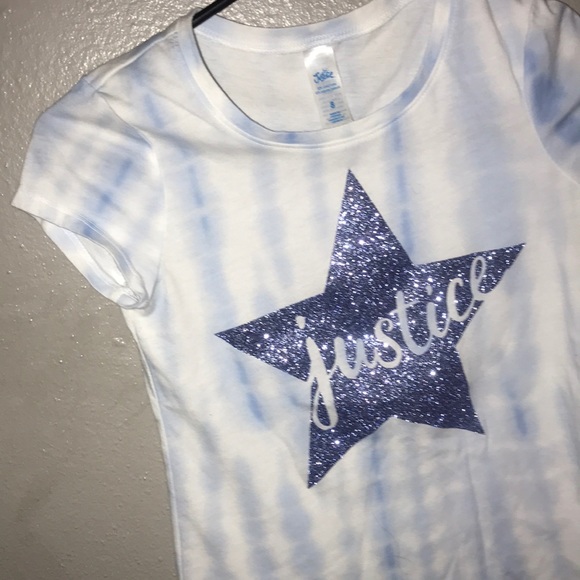 Justice Girls Sz 8 - NYC ATHLETICS DEPARTMENT-Blue white graphic star shirt. - Picture 2 of 3